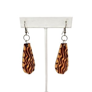 Carved Wooden Dangle Earrings Tan Dark Reddish Tone